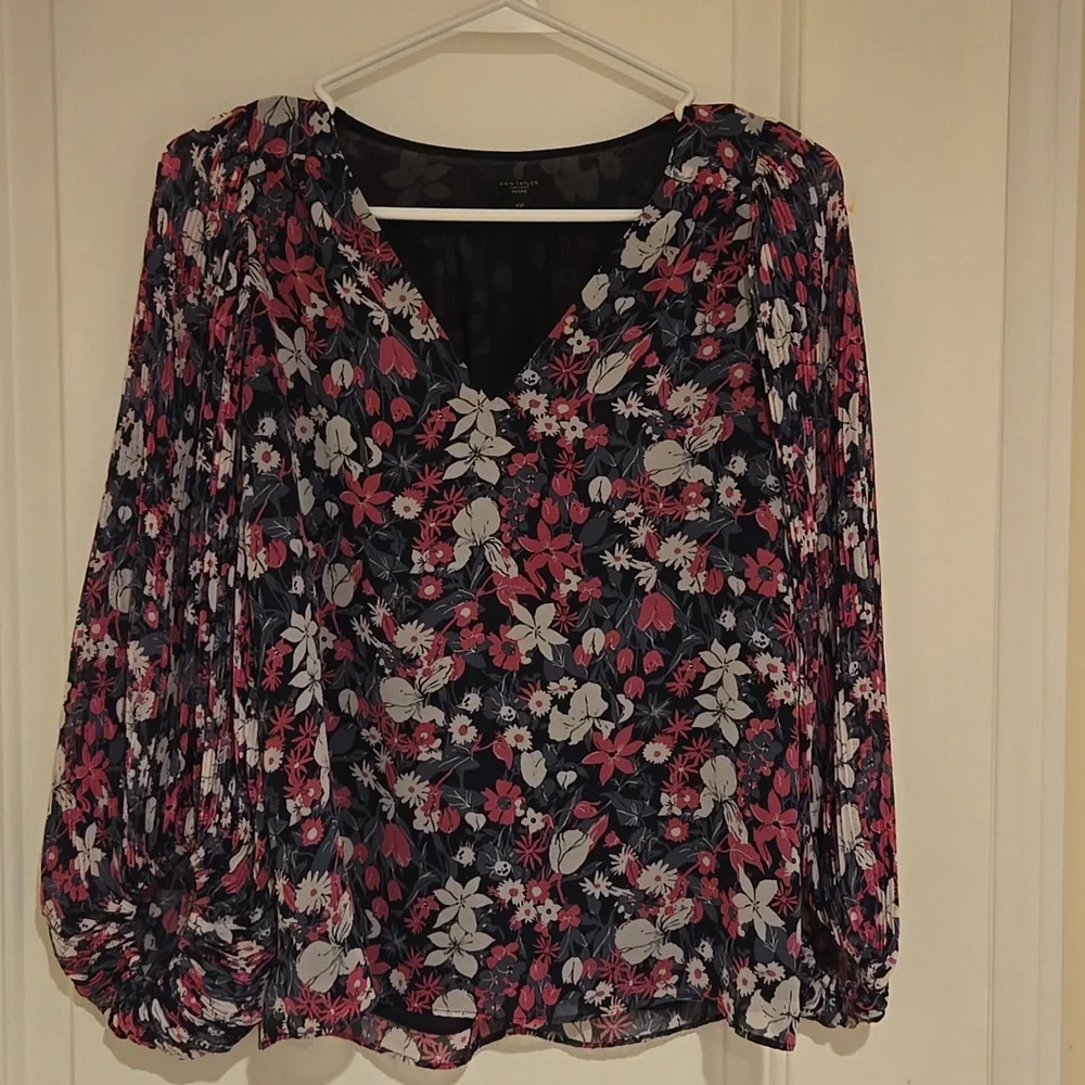 Ann Taylor Floral V-Neck Blouse - Pink, Black, and White - Picture 1 of 4